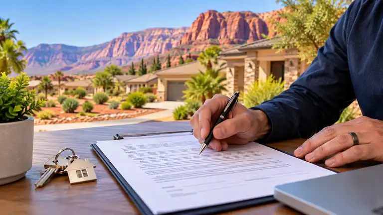 Property manager reviewing a residential lease agreement at a St. George Utah rental home