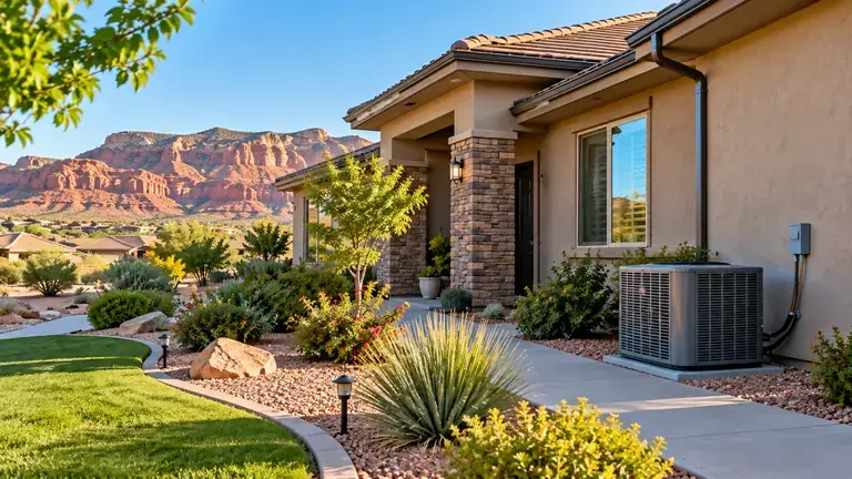 St. George rental home with desert landscaping and outdoor air conditioning unit