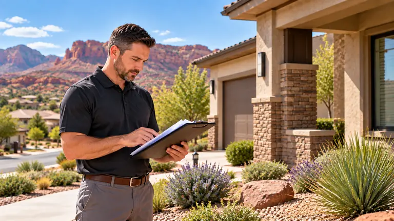 Utah Eviction Process for St. George Landlords Property manager reviewing eviction documents outside a St. George Utah rental home