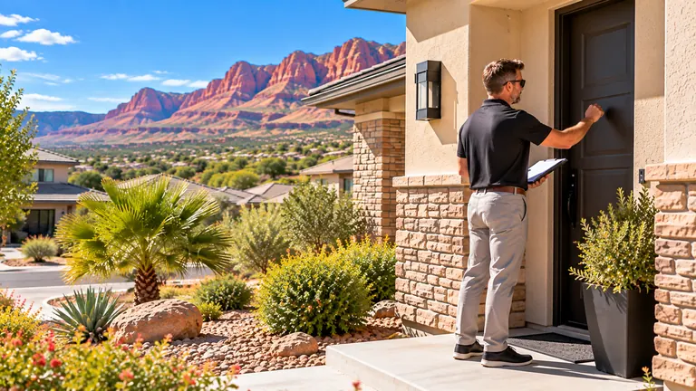 Utah Landlord Entry Laws Property manager arriving at a St. George Utah rental home for a scheduled property inspection
