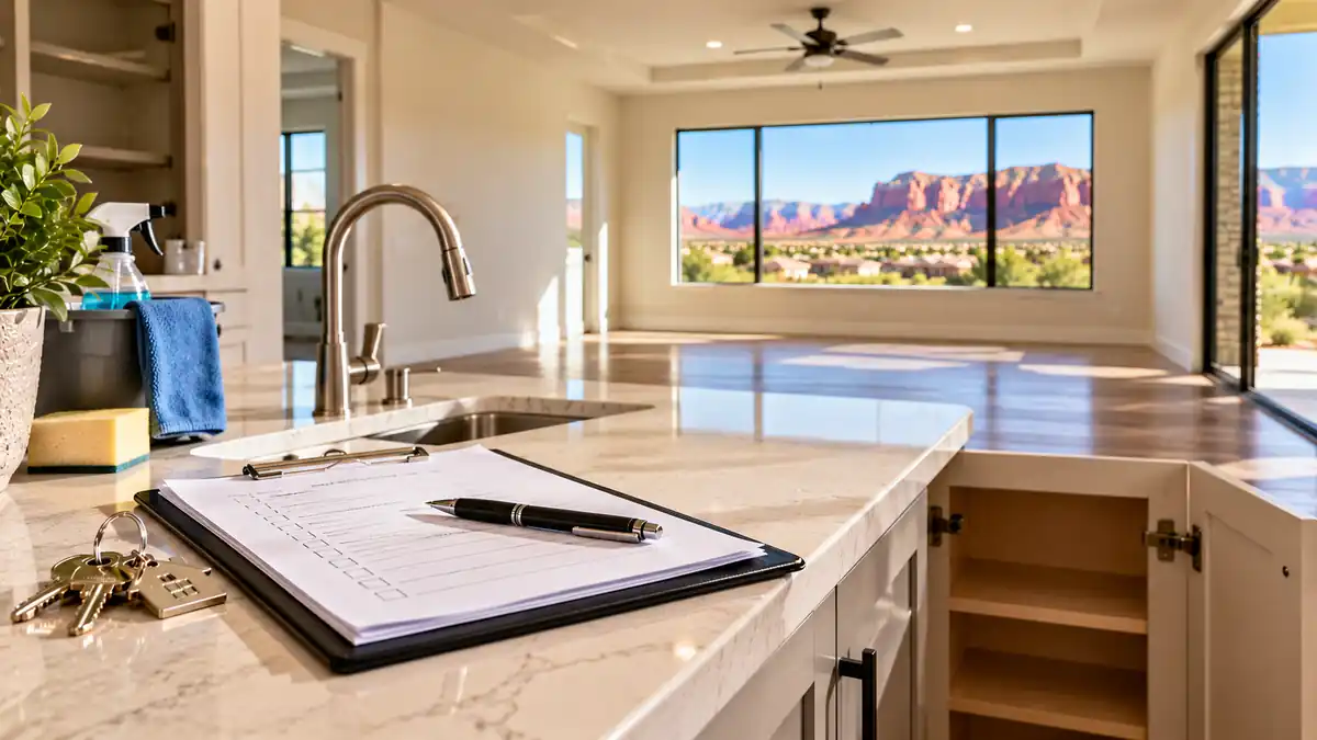 St. George landlord move-out inspection checklist with keys and cleaning supplies in an empty rental home