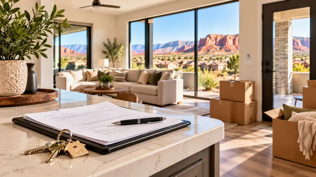 Lease documents and rental property keys in a St. George Utah home representing lease renewal and non-renewal