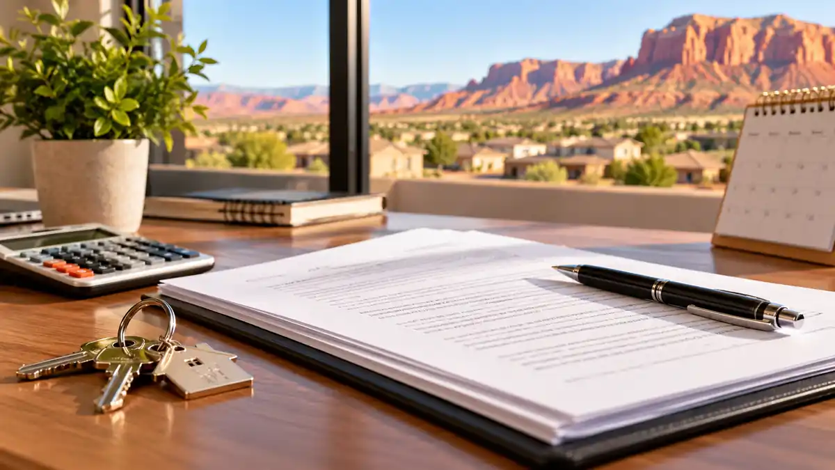 Lease documents calculator and rental property keys representing Utah rent increase laws for St. George landlords